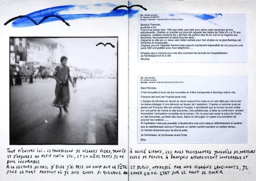 Femme dans rue de Bombay et textes évoquant la maladie de mon père, inopérable, en janvier 2018.