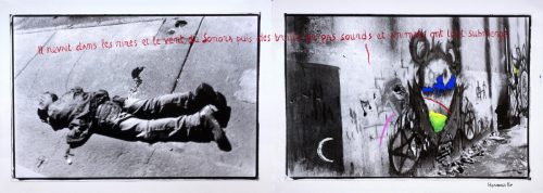 2 photographies d'un homme allongé face contre terre et d'une tête de rat peinte sur un mur