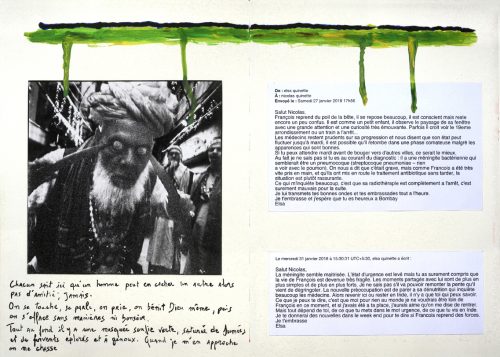 Saltimbanque aux couteaux dans les yeux dans une rue de Bombay et textes évoquant Bombay et mon père malade en 2018.